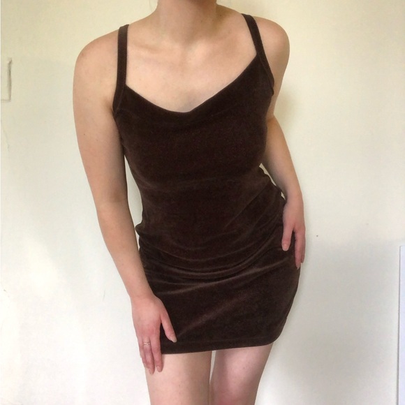 Vintage 90s Sparkly Brown Velour Mini Dress - Picture 2 of 8